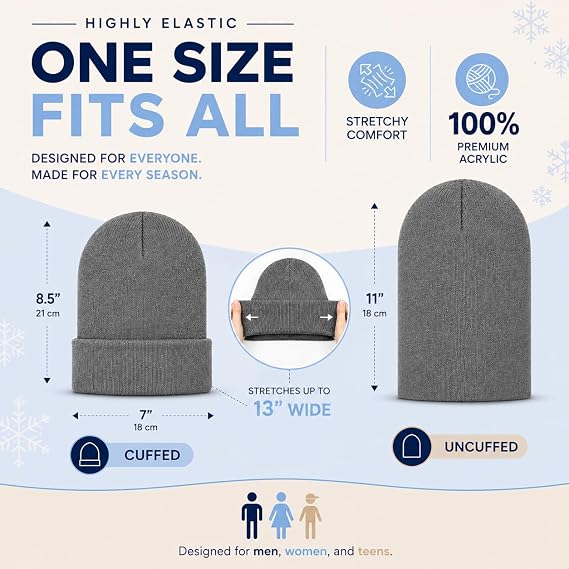 Winter Beanie Hat for Men and Women, Warm Cozy Knitted Cuffed Skull Cap